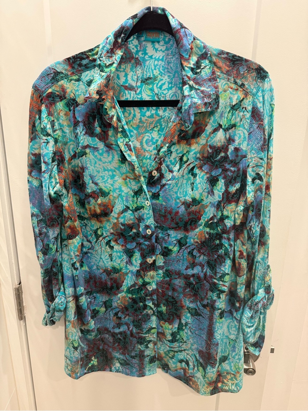 Tianello Tencel Turquoise Floral Button-Down Blouse